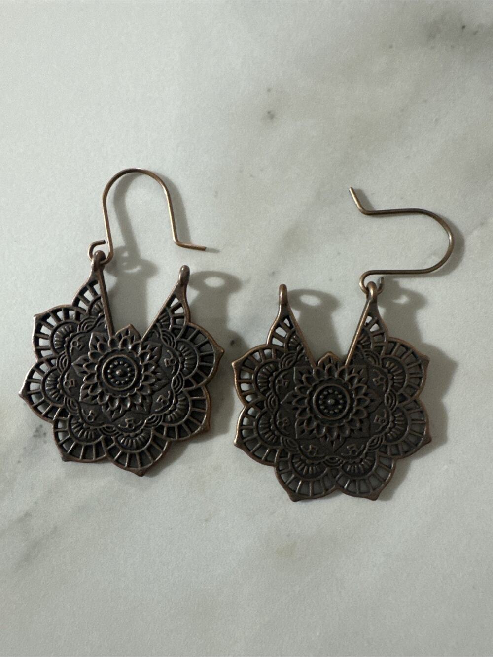 Antique Bronze Mandala Flower Hoop Earrings